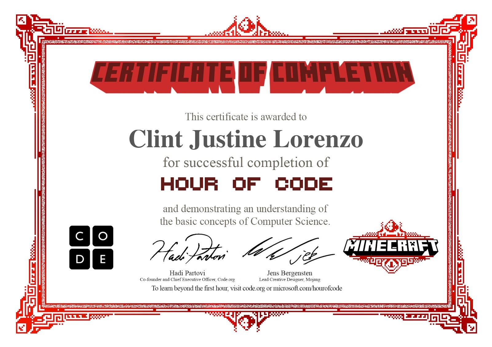 Hour of Code certificate from Code.org